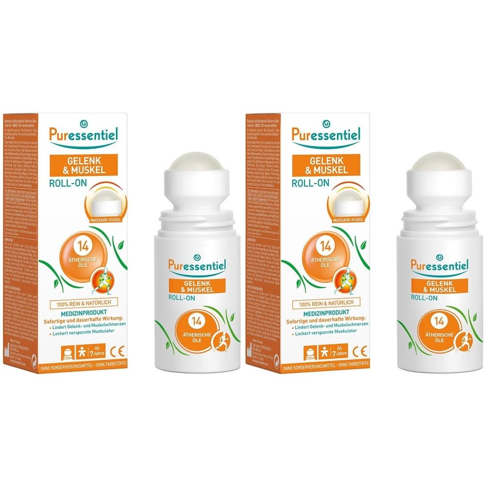 Drei weiße Roll-On-Flaschen mit orangefarbenen Etiketten und Kartons. Aufschrift: Puressentiel Gelenk & Muskel Roll-On.