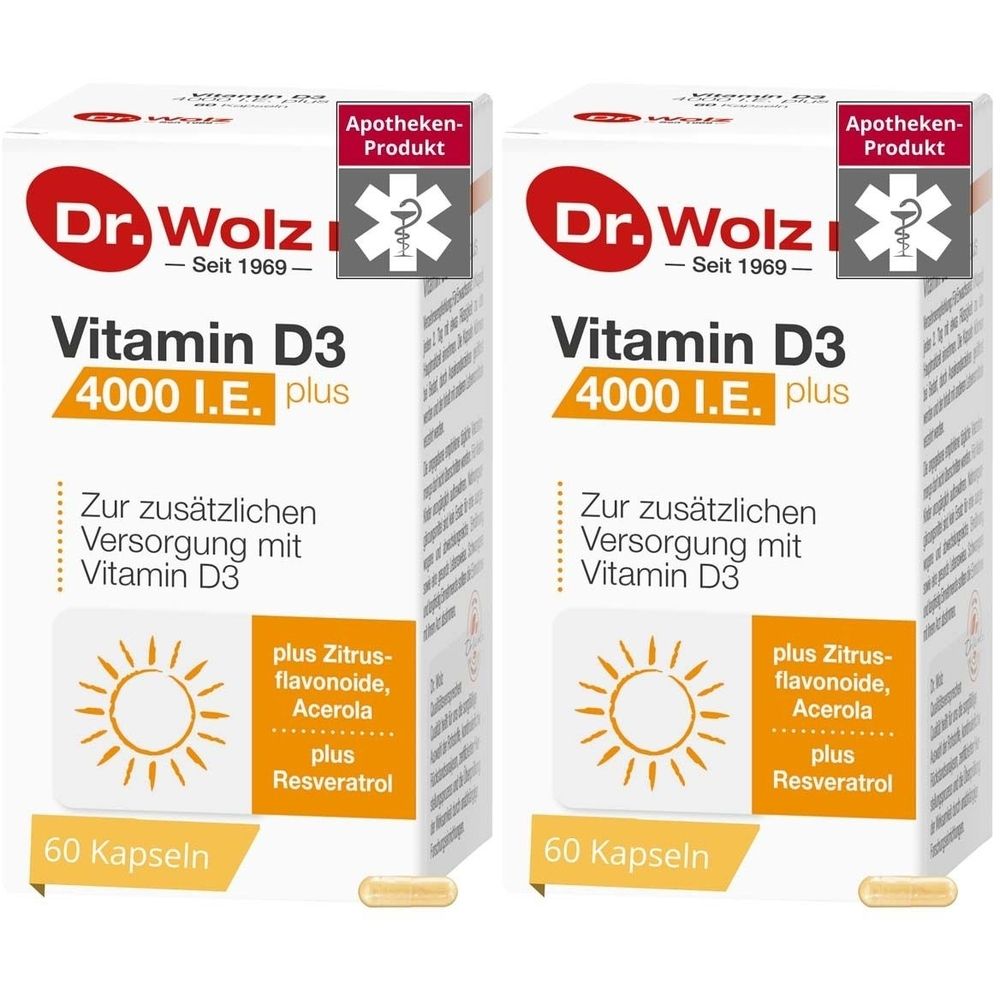 Zwei weiße Schachteln mit "Dr. Wolz Vitamin D3 4000 I.E. plus". Aufdrucke: Sonnenmotiv, 60 Kapseln, Apotheken-Produkt.