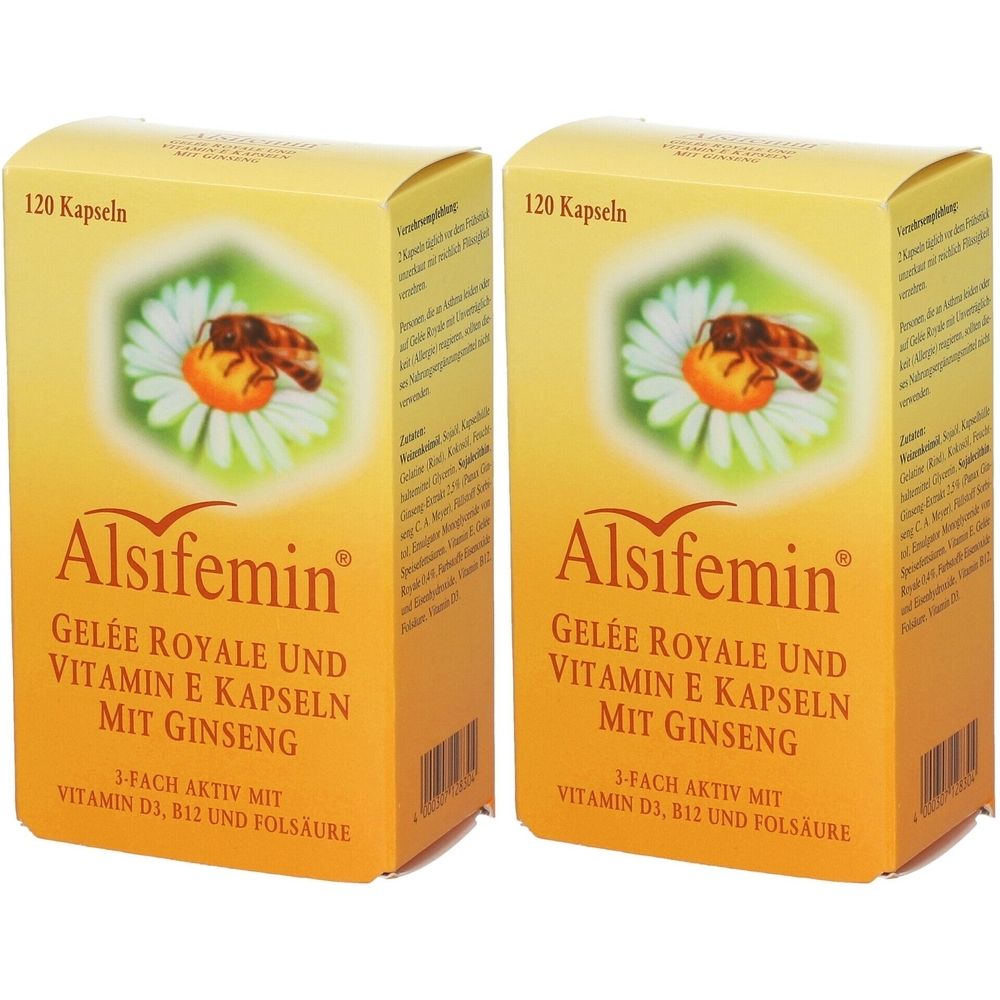 Zwei gelbe Kartons mit Alsifemin-Kapseln. Aufdruck: Gelée Royale, Vitamin E, Ginseng. 120 Kapseln. Abbildung: Biene auf Blüte.
