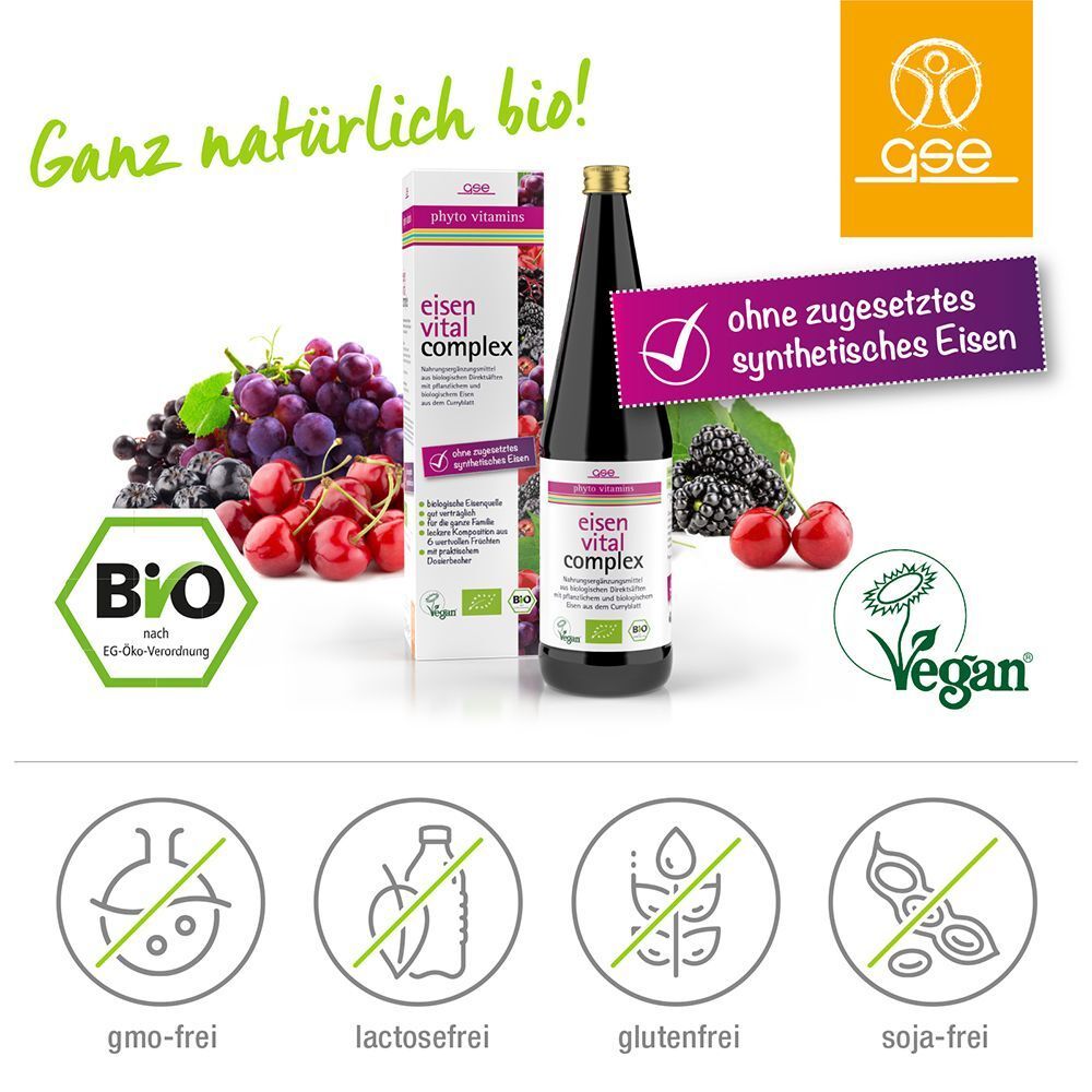 GSE Eisen Vital Complex Flasche und Schachtel mit Früchten und Siegeln wie Bio und Vegan.