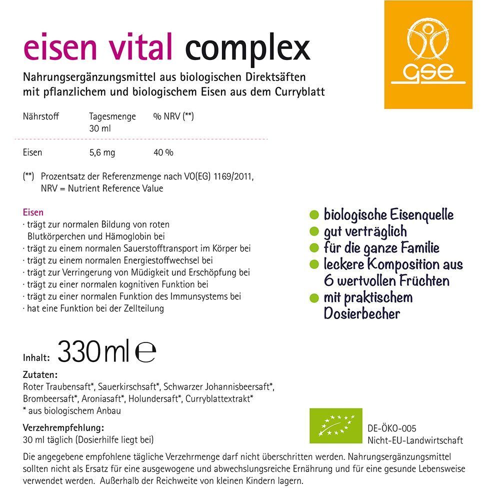 Rückseite der GSE Eisen Vital Complex Schachtel mit Nährwertangaben und Inhaltsstoffen.