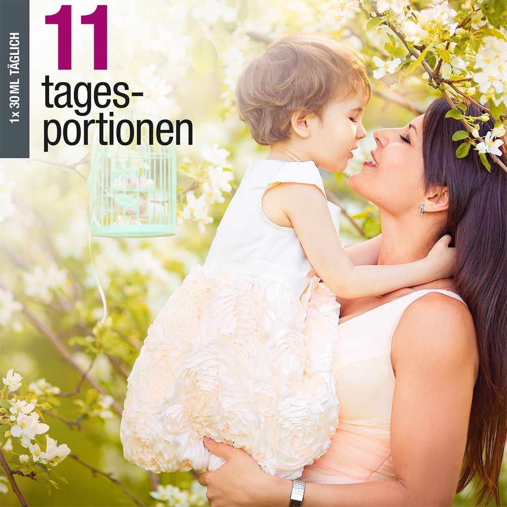 Mutter hält ihr Kind im Freien, mit Text "11 Tagesportionen".