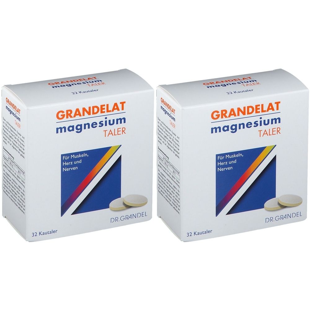 Zwei Schachteln GRANDELAT Magnesium Taler. Weiße Verpackung mit Produktnamen und Angaben. Zwei Tabletten liegen daneben.