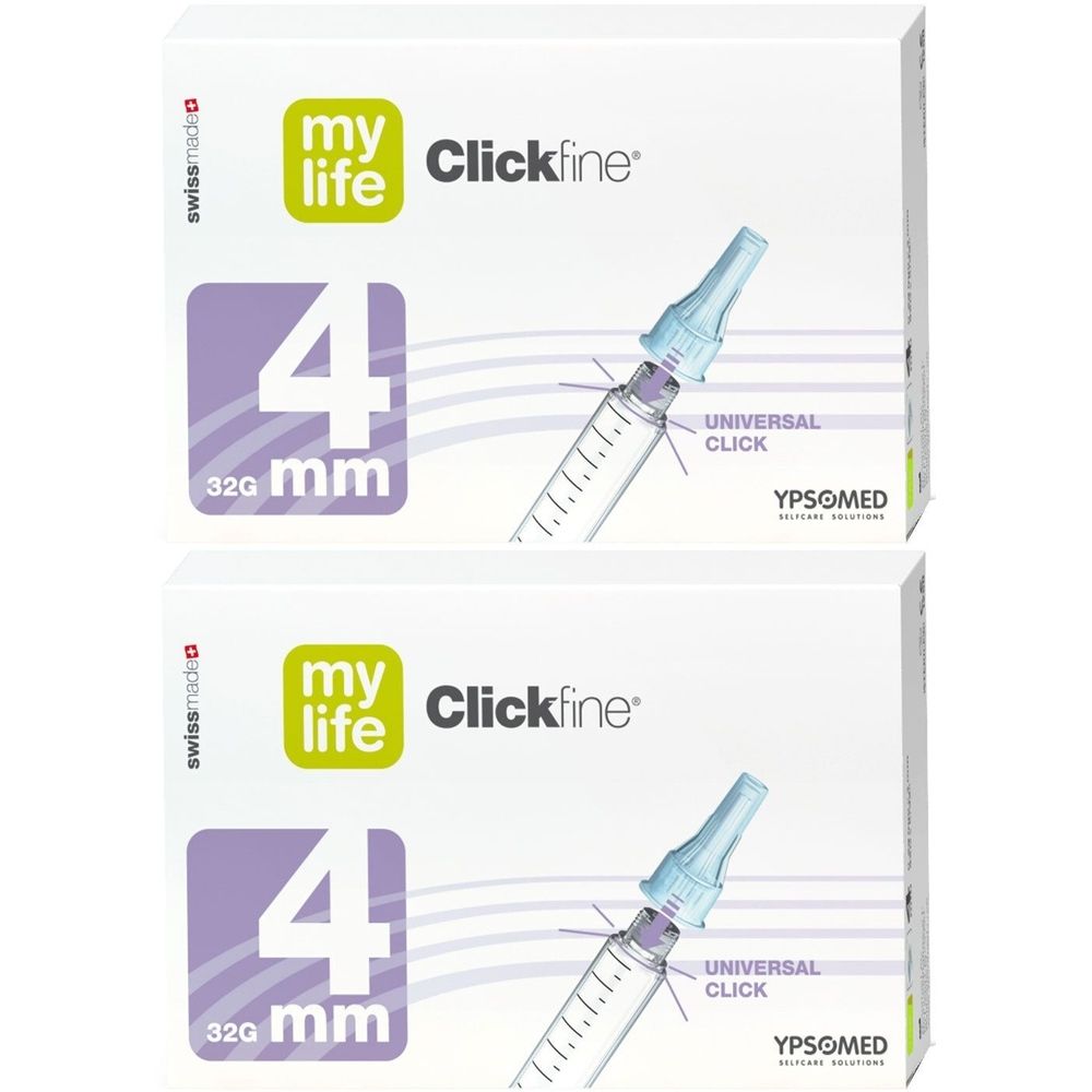 Zwei Packungen mylife Clickfine PenNadeln. Auf jeder Packung: 4 mm, 32G. Eine Injektionshilfe ist abgebildet.