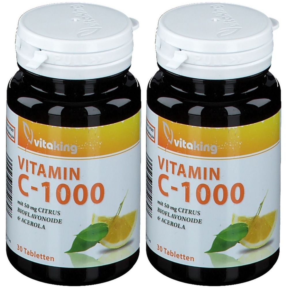 Zwei Flaschen mit Vitamin C-1000. Schwarze Flaschen mit weißem Deckel. Aufschrift: vitaking, Vitamin C-1000, Bioflavonoide, Acerola. 30 Tabletten.