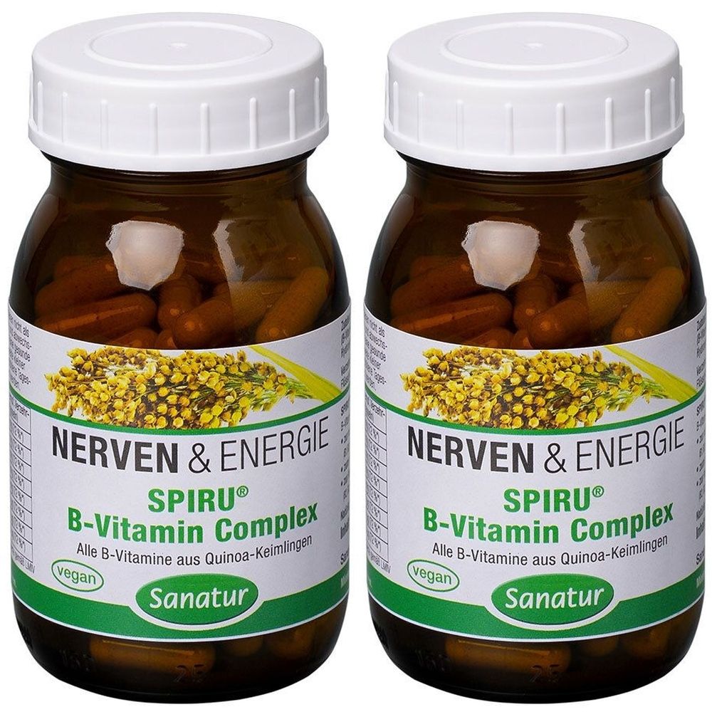 Zwei Flaschen SPIRU® B-Vitamin Complex. Braune Glasflaschen mit weißen Deckeln. Aufschrift: Nerven & Energie, vegan, Sanatur.