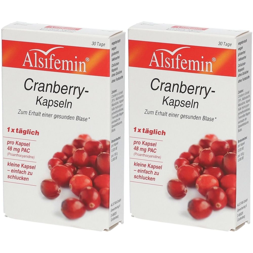 Zwei Schachteln Alsifemin Cranberry-Kapseln. Weiße Verpackung mit rotem Logo und Cranberry-Abbildung. Text: Cranberry-Kapseln, 1x täglich.