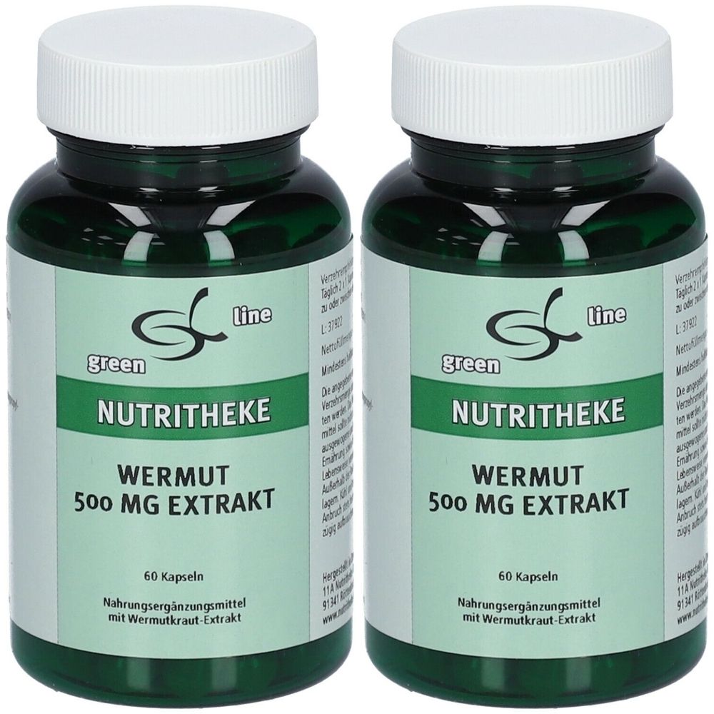 Zwei grüne Flaschen mit weißen Deckeln. Aufschrift: green line NUTRITHEKE WERMUT 500 MG EXTRAKT. 60 Kapseln. Nahrungsergänzungsmittel.
