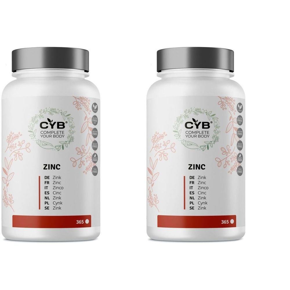 Zwei weiße Flaschen mit grauen Deckeln. Aufschrift: CYB COMPLETE YOUR BODY, ZINC. Auf der Flasche sind mehrere Sprachen aufgeführt.