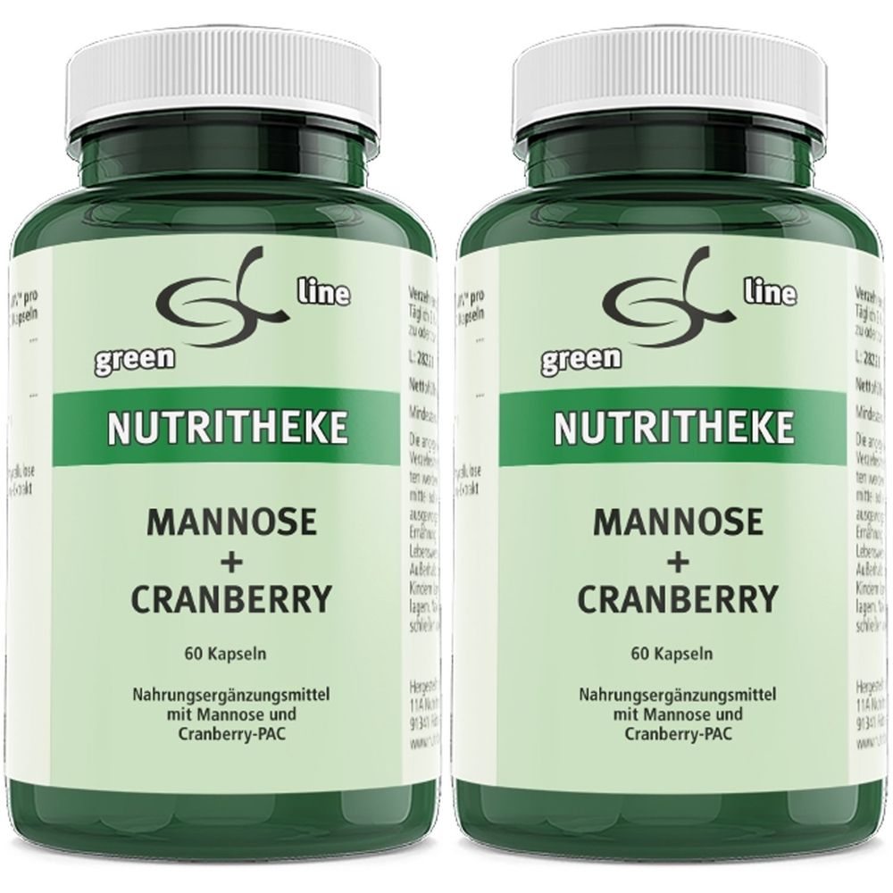 Zwei grüne Flaschen mit weißen Deckeln. Aufschrift: green line NUTRITHEKE Mannose + Cranberry, 60 Kapseln. Nahrungsergänzungsmittel.