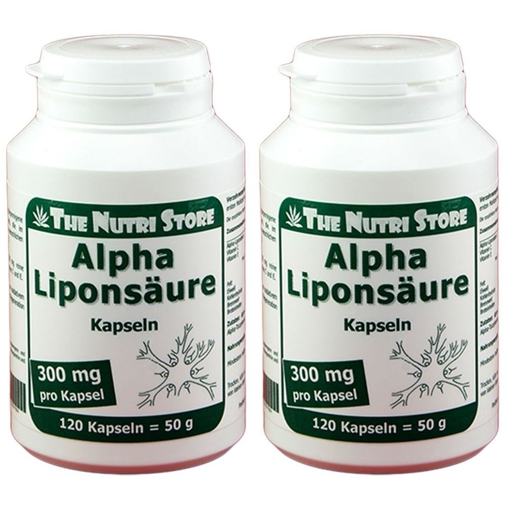 Zwei weiße Flaschen mit Etiketten. Aufschrift: Alpha Liponsäure Kapseln, 300 mg pro Kapsel, 120 Kapseln = 50 g. Marke: The Nutri Store.