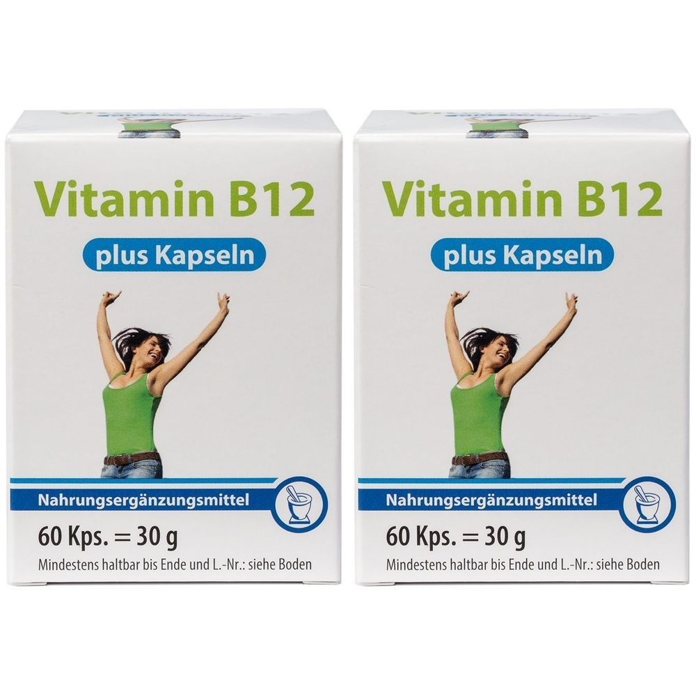 Zwei weiße Schachteln mit "Vitamin B12 plus Kapseln"-Aufdruck. Enthält 60 Kapseln. Aufdruck: Nahrungsergänzungsmittel. Abbildung einer Frau.