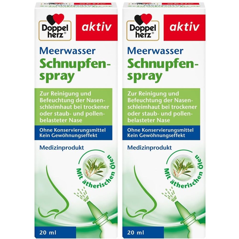Zwei Flaschen Doppelherz Meerwasser Schnupfenspray. Weiße Verpackung mit grüner und roter Schrift. 20 ml.