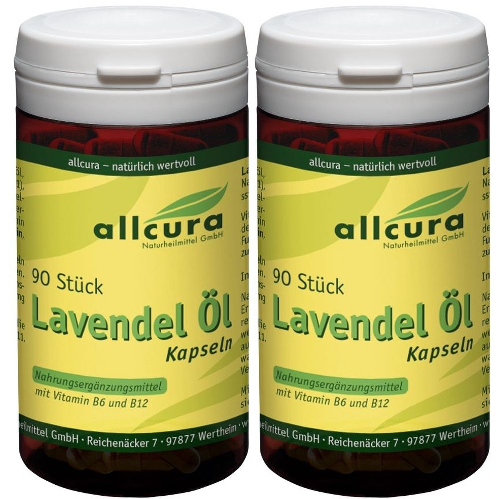 Zwei Flaschen allcura Lavendel Öl Kapseln. Jede Flasche enthält 90 Stück. Aufschrift: Nahrungsergänzungsmittel mit Vitamin B6 und B12.