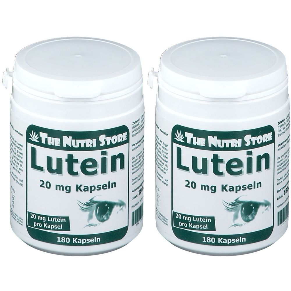 Zwei weiße Behälter mit Deckel. Aufschrift: Lutein 20 mg Kapseln, 180 Kapseln. Marke: The Nutri Store. Abbildung eines Auges.