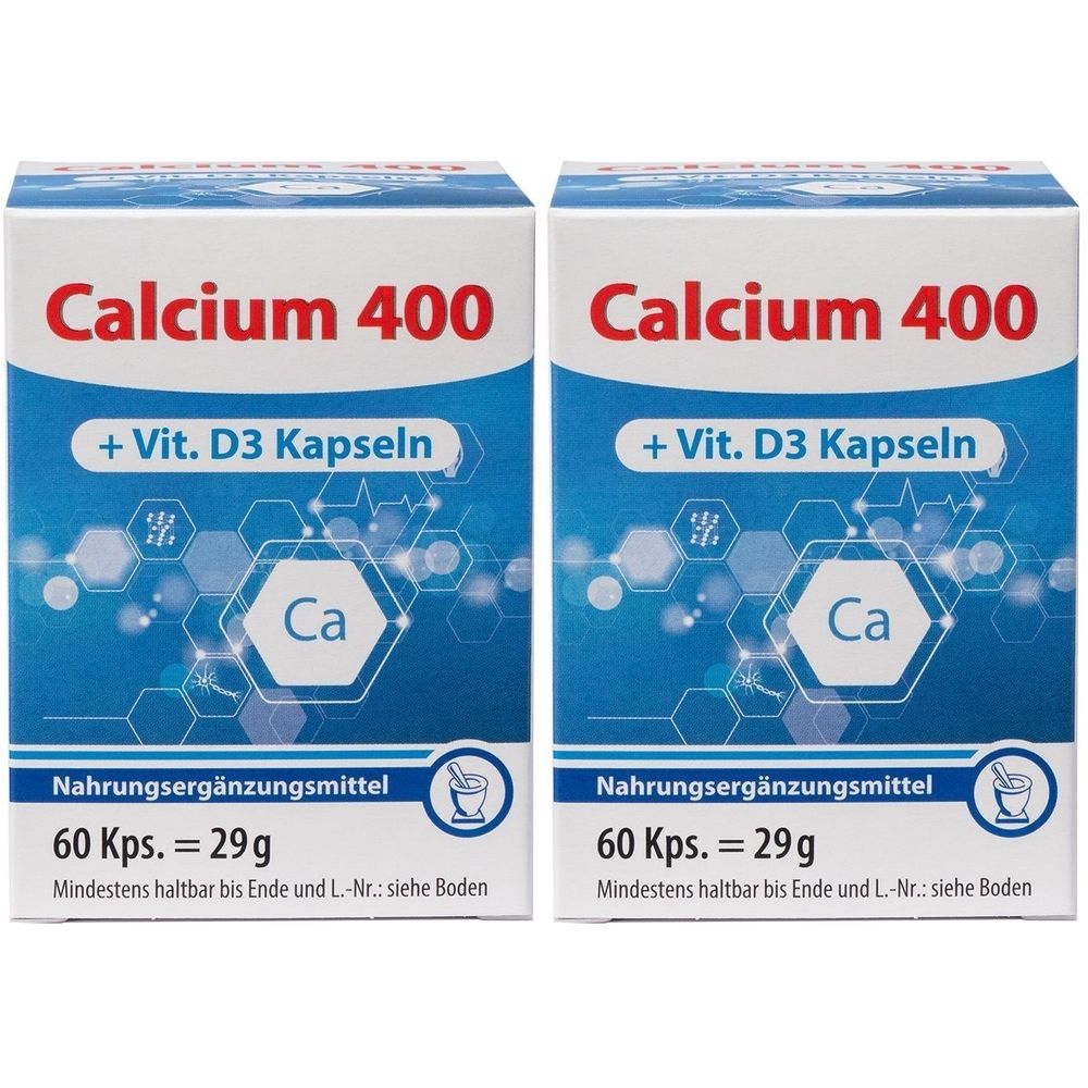 Zwei Schachteln Calcium 400 Kapseln. Aufschrift: + Vit. D3 Kapseln, Nahrungsergänzungsmittel, 60 Kps. = 29g. Ca-Symbol.