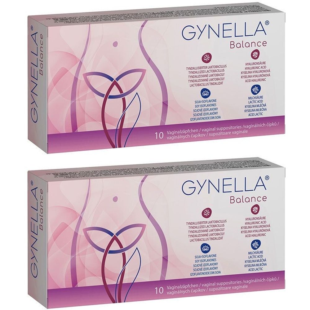 Zwei Schachteln GYNELLA Balance Vaginalzäpfchen. Aufschrift: 10 Zäpfchen. Produktname und Inhaltsstoffe sind aufgedruckt.