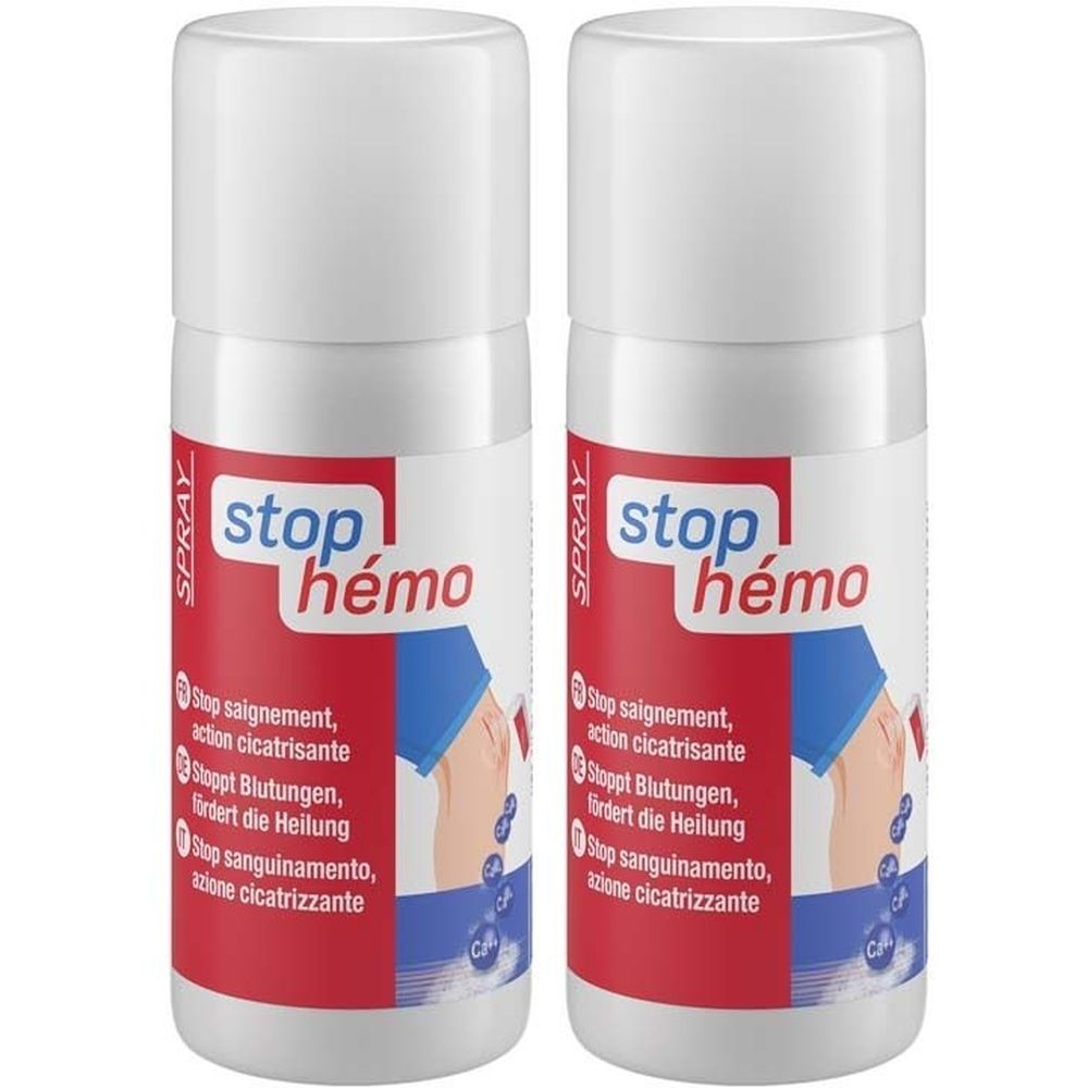 Zwei weiße Sprühflaschen mit rotem Etikett. Auf dem Etikett steht "stop hémo" und weitere Informationen in verschiedenen Sprachen.