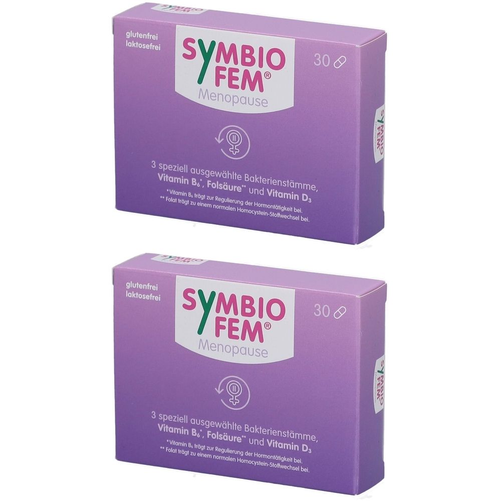 Zwei lila Schachteln mit "SYMBIO FEM Menopause". Enthält 30 Kapseln. Text: 3 Bakterienstämme, Vitamin B6, Folsäure, Vitamin D.