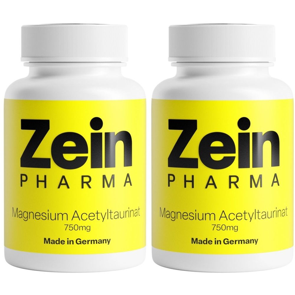 Zwei weiße Flaschen mit gelben Etiketten. Auf den Etiketten steht "Zein Pharma", "Magnesium Acetyltaurinat 750mg" und "Made in Germany".