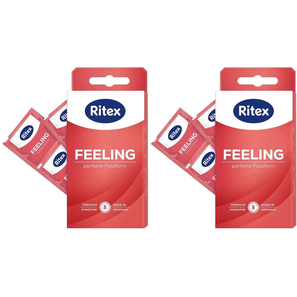 Rote Verpackung mit Kondomen. Aufdruck: Ritex, FEELING, perfekte Passform. Einzelne Kondome sichtbar. 8 Stück. Hergestellt in Deutschland.