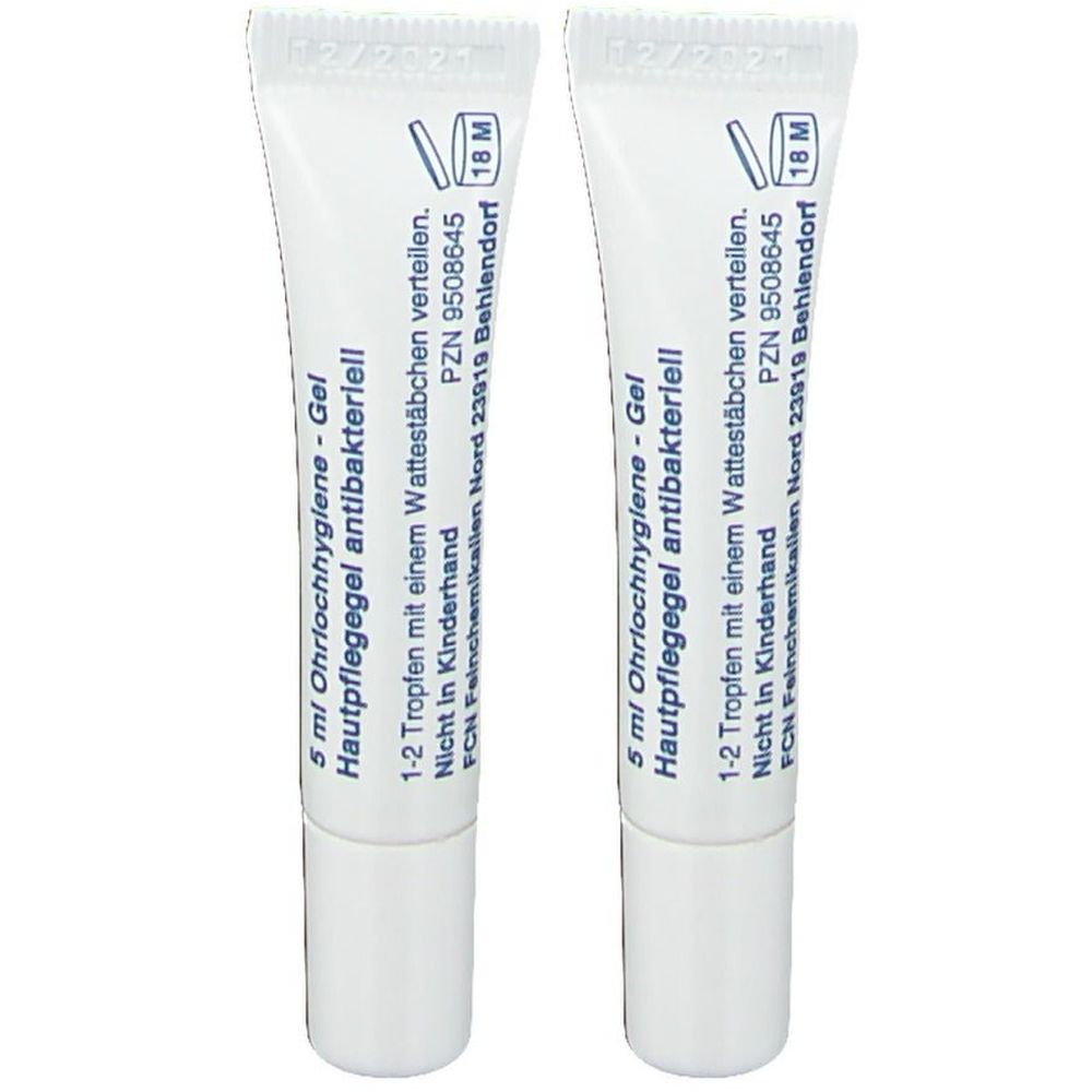 Zwei Tuben Ohrlochhygiene-Gel. Weiße Tuben mit blauer Schrift. Text: 5 ml, antibakteriell, PZN-Nummer, 18 M.