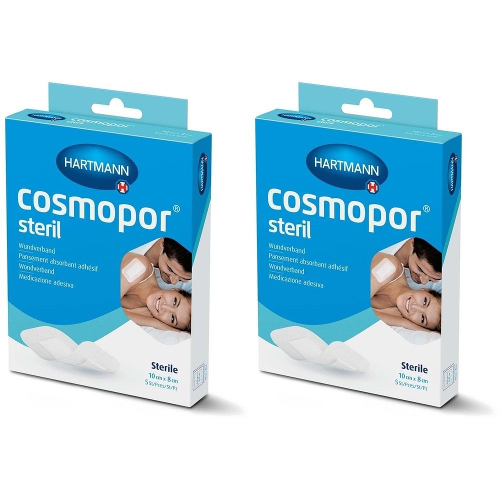 Zwei Packungen Cosmopor steril. Blaue Verpackung mit Produktname und Logo. Abgebildet sind Pflaster und eine Person.