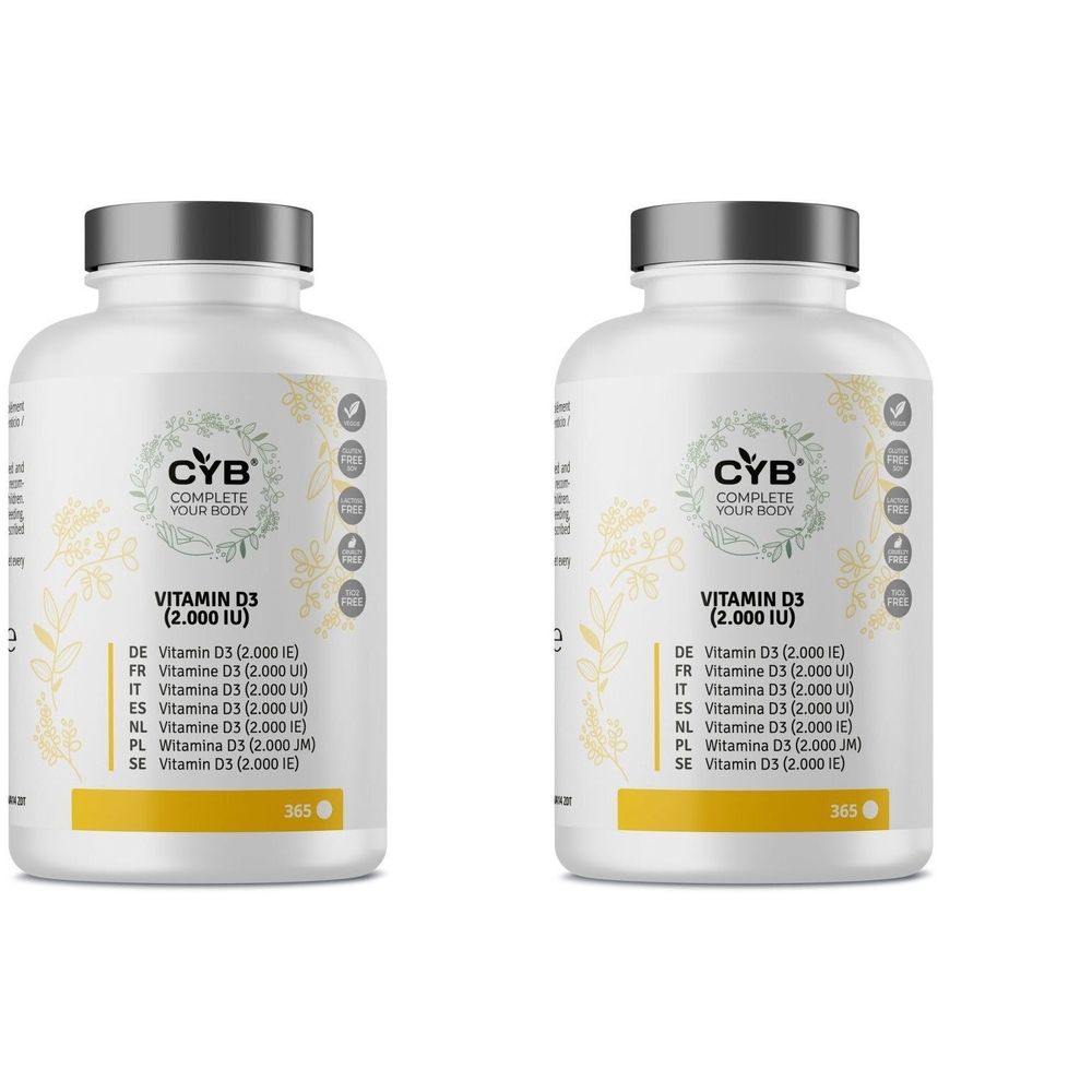Zwei weiße Flaschen mit grauen Deckeln. Auf jeder Flasche steht "CYB COMPLETE YOUR BODY" und "Vitamin D3 (2.000 IU)".