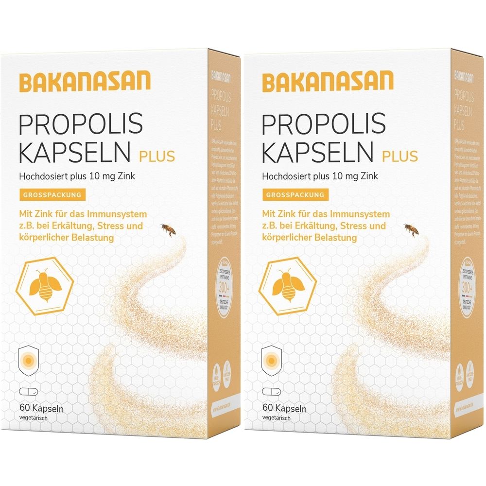 Zwei Kartons Bakanasan Propolis Kapseln Plus. Aufschrift: Hochdosiert plus 10 mg Zink. 60 Kapseln. Mit Zink für das Immunsystem.