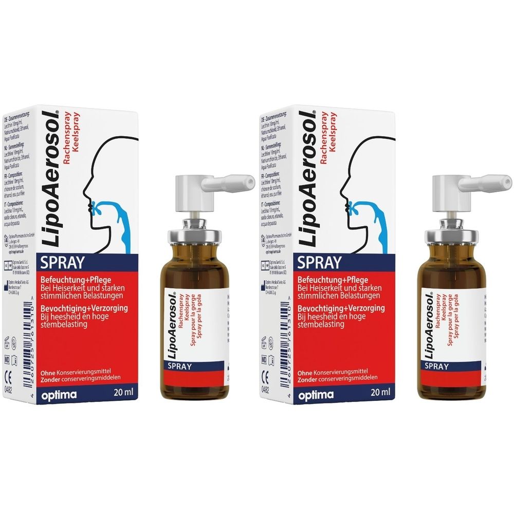 Zwei Flaschen und zwei Schachteln LipoAerosol® Rachenspray. Braune Flaschen mit Sprühaufsatz. Weiße Schachteln mit roter Fläche und Produktnamen.