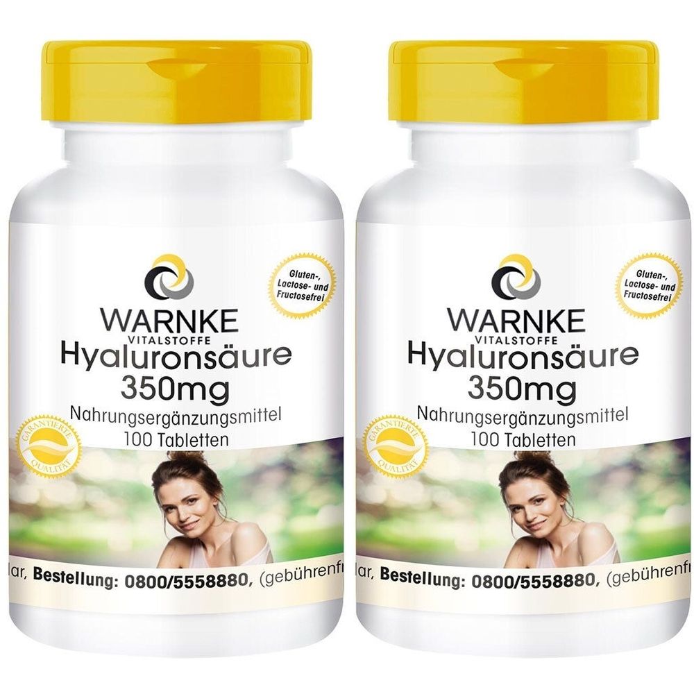 Zwei Flaschen Hyaluronsäure 350mg Kapseln. Weiße Flaschen mit gelben Deckeln. Aufschrift: WARNKE, 100 Tabletten.