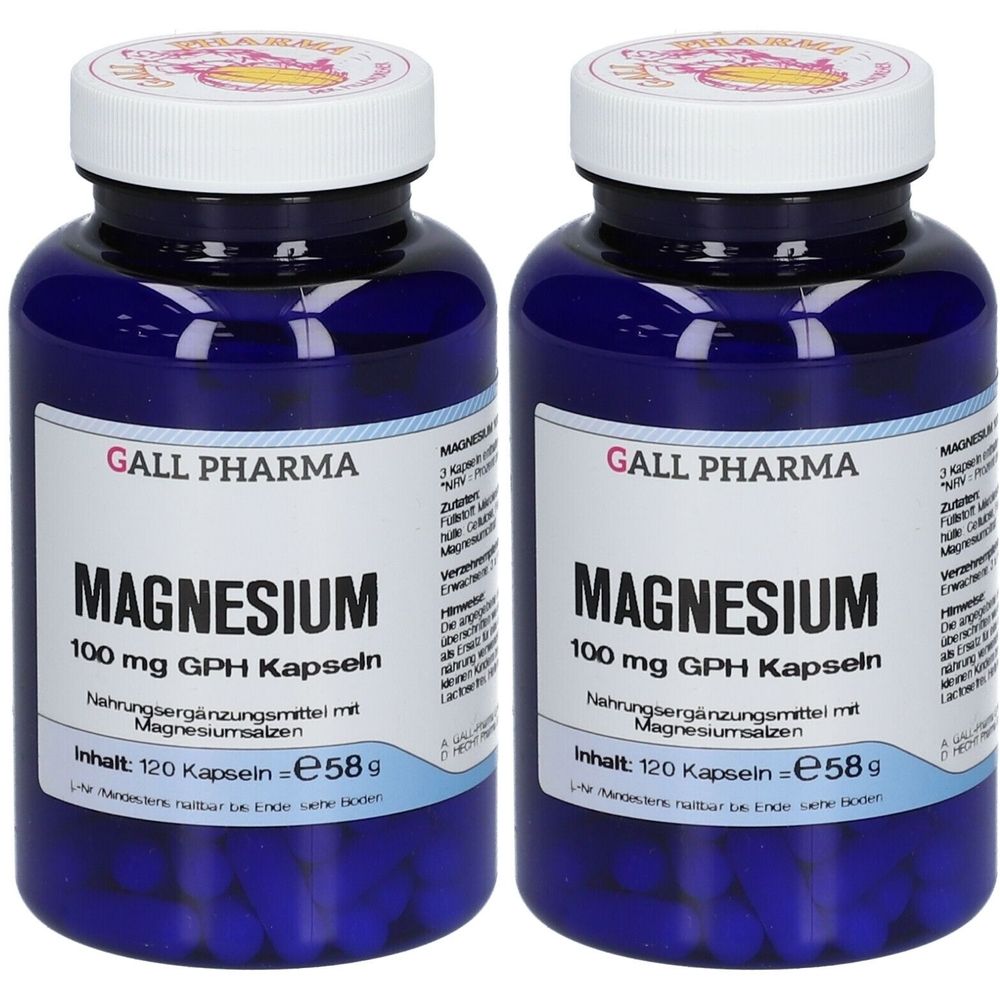 Zwei blaue Flaschen mit weißen Deckeln. Aufschrift: GALL PHARMA, MAGNESIUM 100 mg GPH Kapseln. Nahrungsergänzungsmittel. Inhalt: 120 Kapseln.