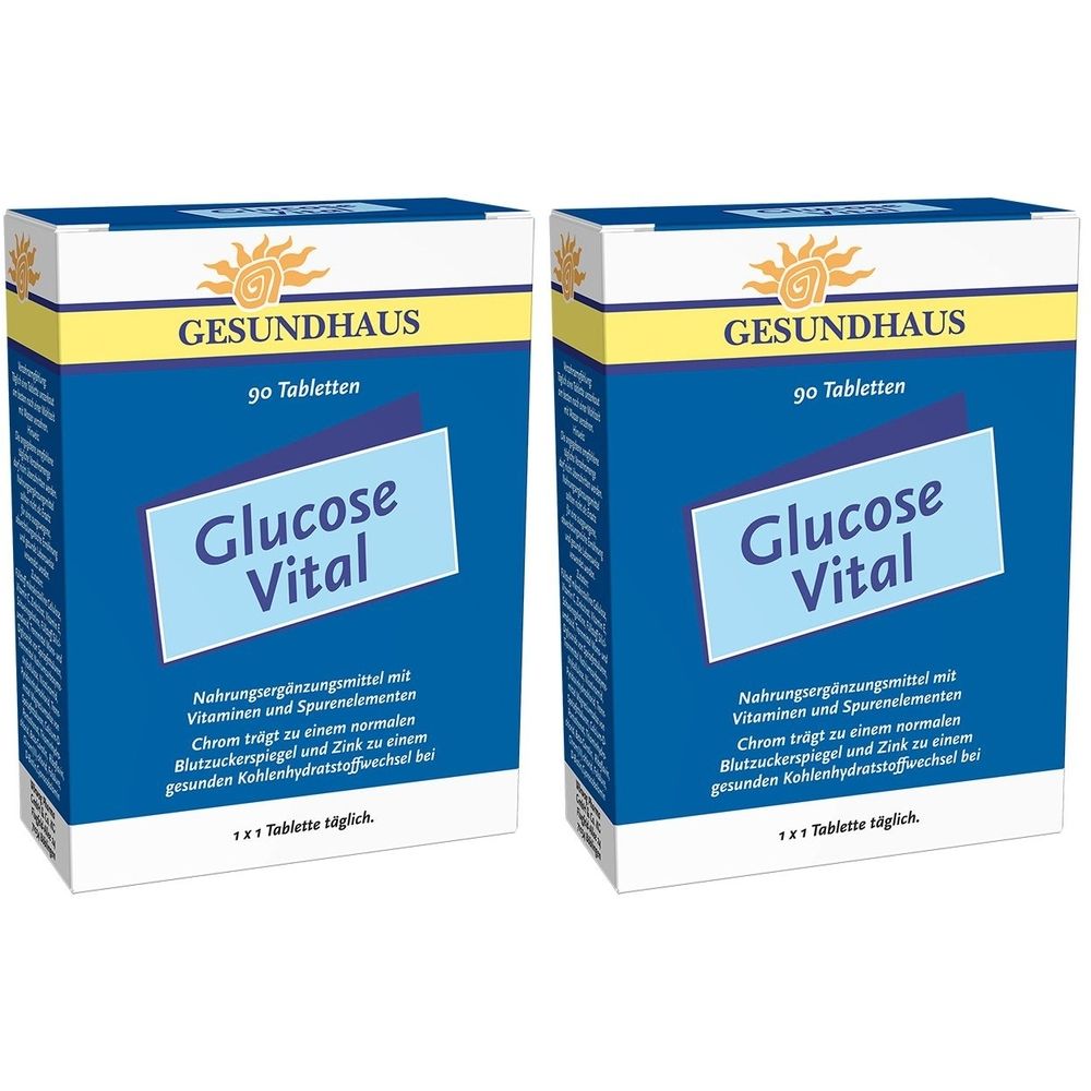 Zwei Schachteln Glucose Vital. Blaue Verpackung mit weißem Label. Aufschrift: GESUNDHAUS, Glucose Vital, 90 Tabletten. Nahrungsergänzungsmittel.