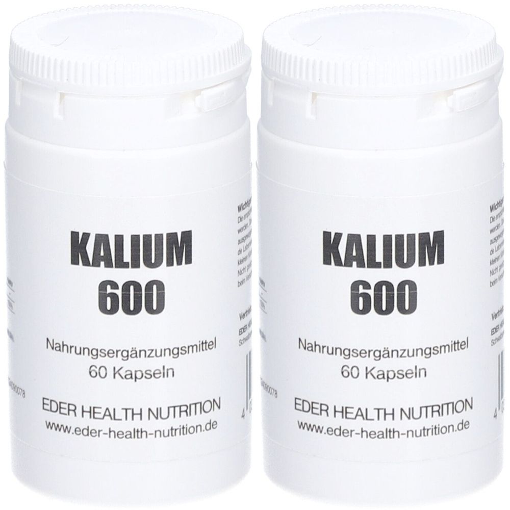 Zwei weiße Behälter mit schwarzer Aufschrift: KALIUM 600, Nahrungsergänzungsmittel, 60 Kapseln. Marke: EDER HEALTH NUTRITION.