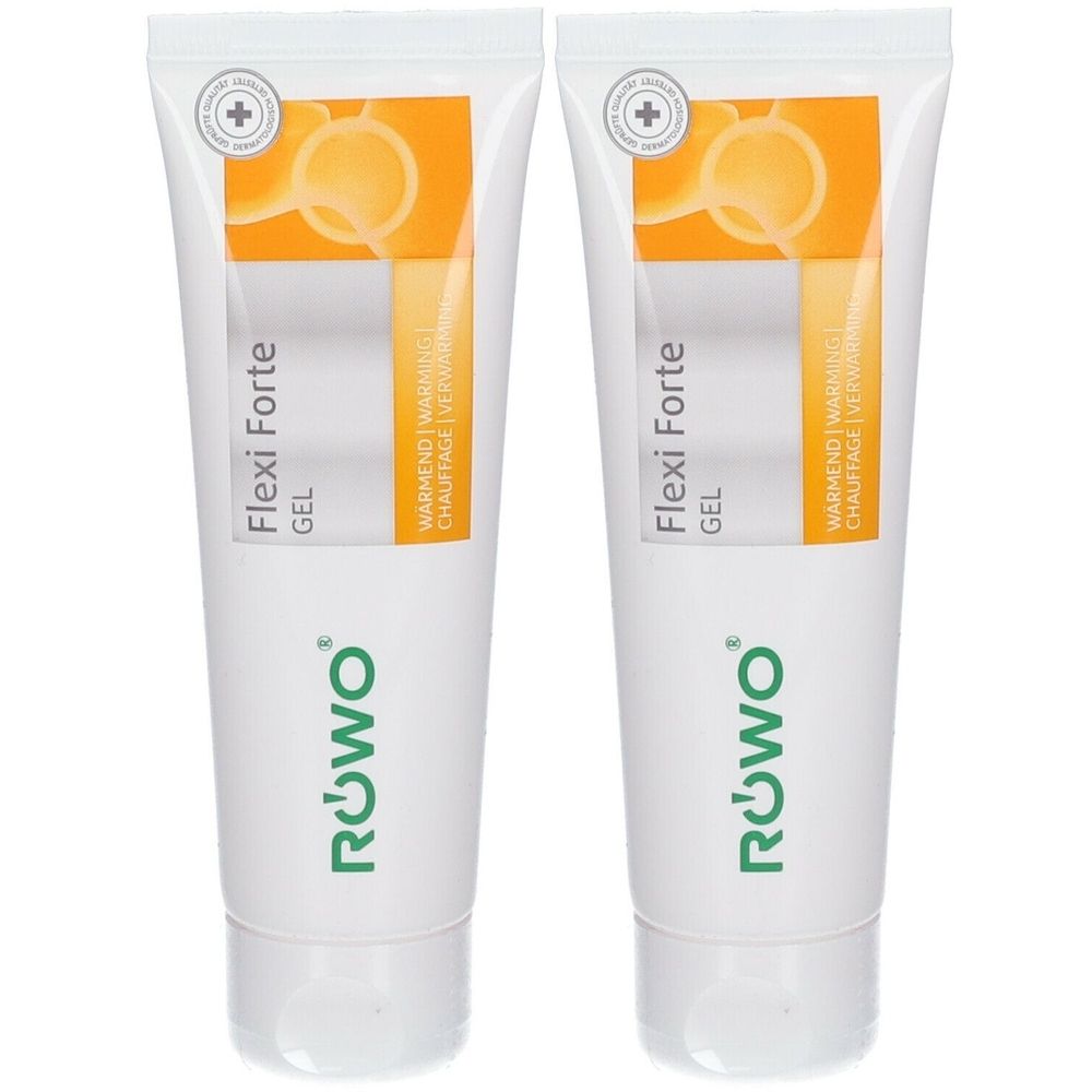 Zwei weiße Tuben RÖWO Flexi Forte Gel. Aufdrucke: Flexi Forte, GEL, RÖWO. Oben orangefarbene Grafik mit Kreuz.