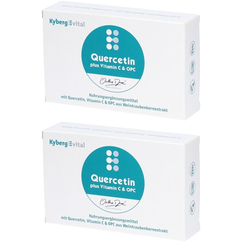 Zwei weiße Schachteln. Auf jeder steht "Quercetin plus Vitamin C & OPC". Marke: Kyberg vital. Nahrungsergänzungsmittel.