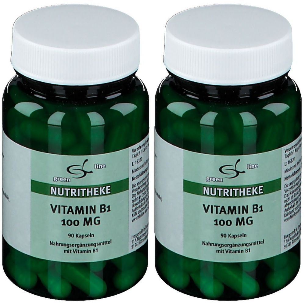 Zwei grüne Glasflaschen mit weißen Deckeln. Auf den Etiketten steht "green line NUTRITHEKE Vitamin B1 100 MG".