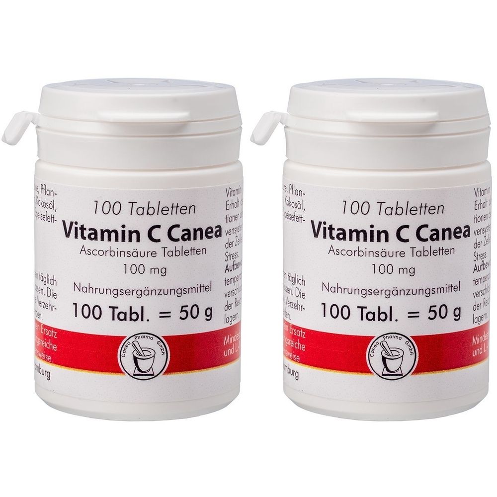 Zwei weiße Tablettenbehälter mit Aufschrift Vitamin C Canea. Jeder Behälter enthält 100 Tabletten. Aufschrift: 100 mg.