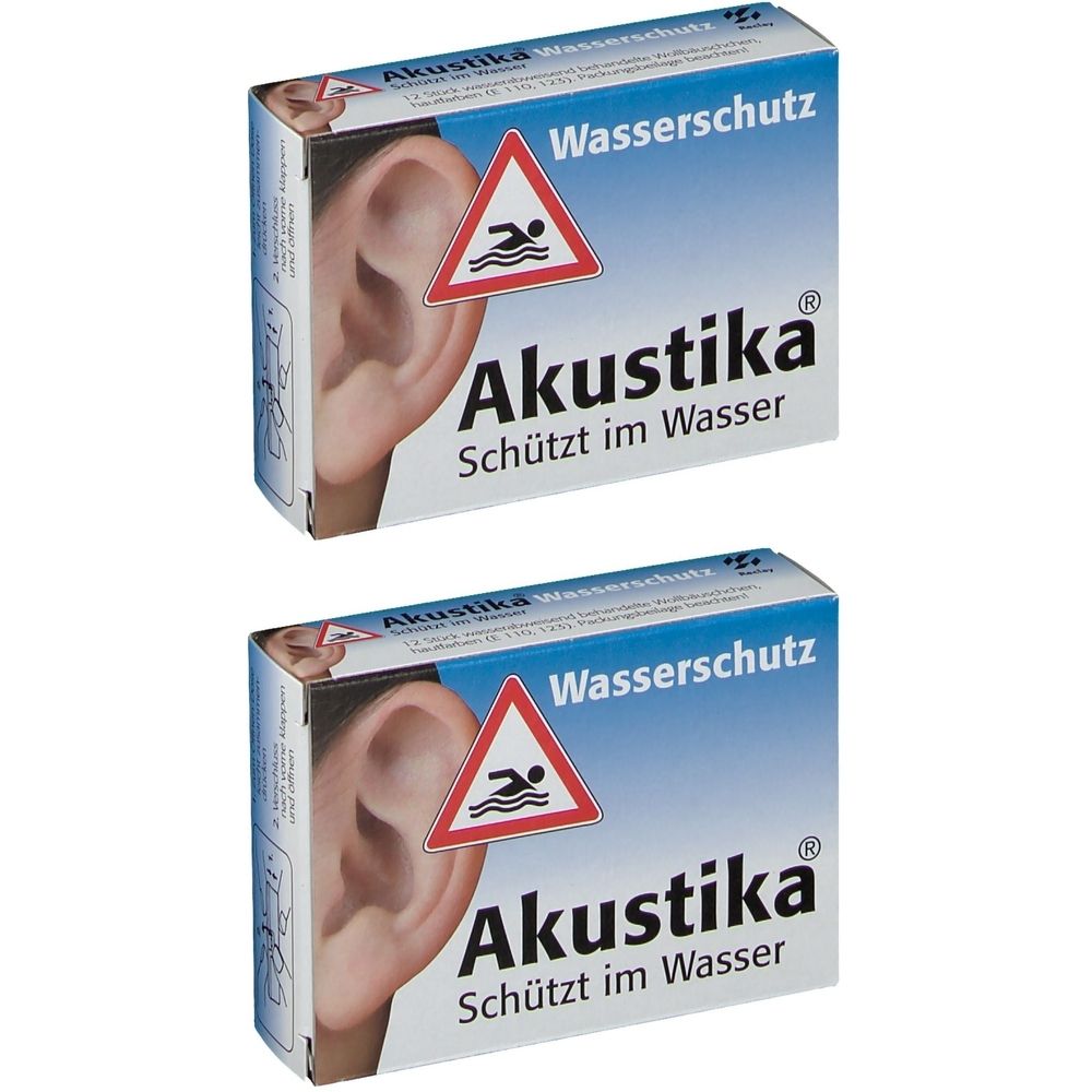 Zwei Produktverpackungen. Auf blauem Hintergrund, ein Ohr und ein Schwimmer-Symbol. Schriftzug: Akustika, Wasserschutz.