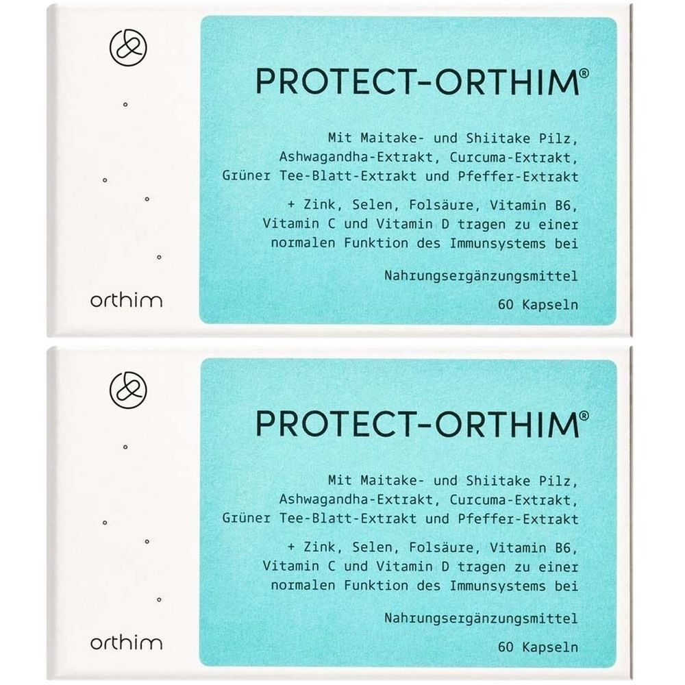 Zwei Packungen PROTECT-ORTHIM®. Weiße Schachteln mit blauem Textfeld. Enthält 60 Kapseln. Aufschrift: Nahrungsergänzungsmittel.