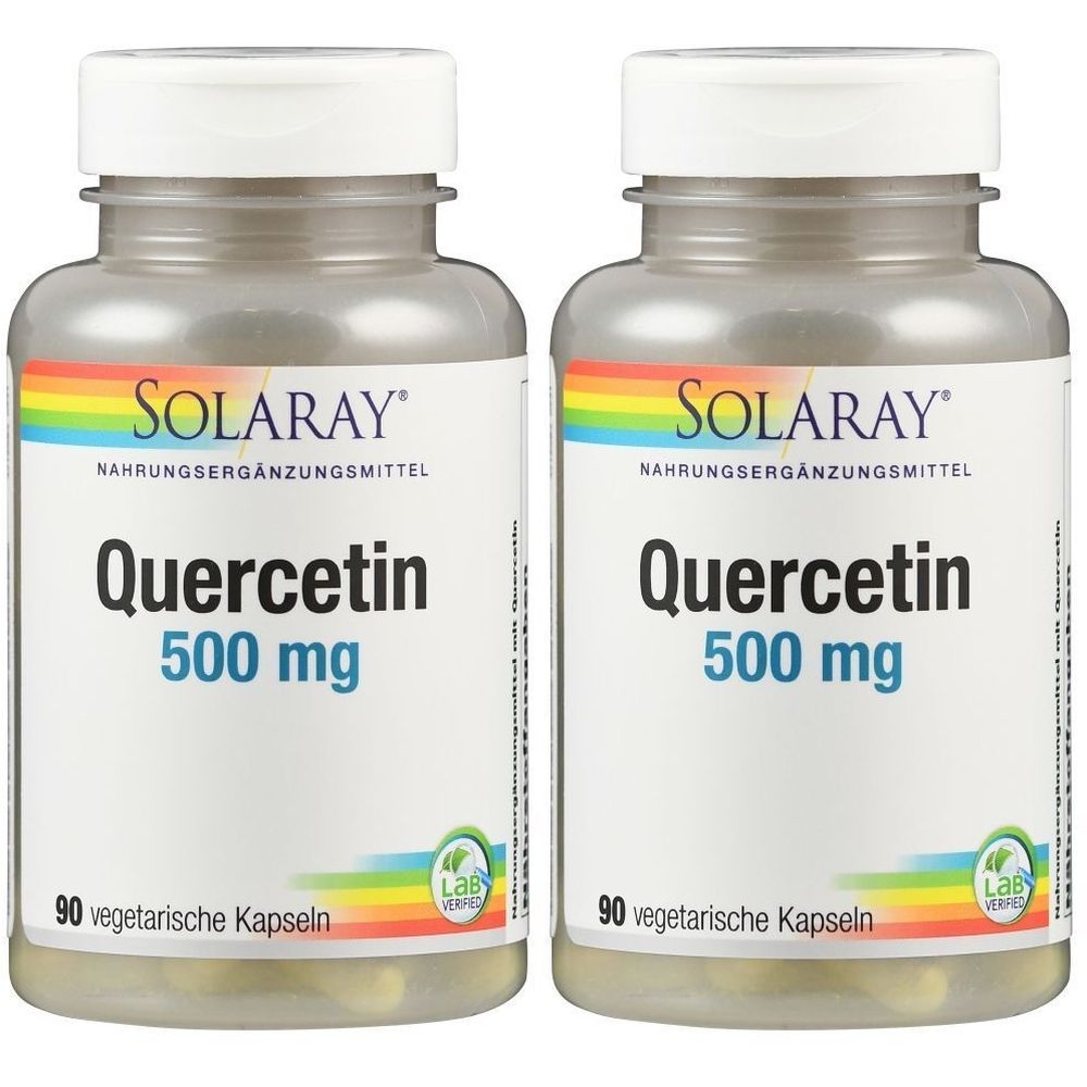 Zwei Flaschen SOLARAY Quercetin 500 mg. Aufschrift: Nahrungsergänzungsmittel, 90 vegetarische Kapseln. Farbiger Regenbogen.