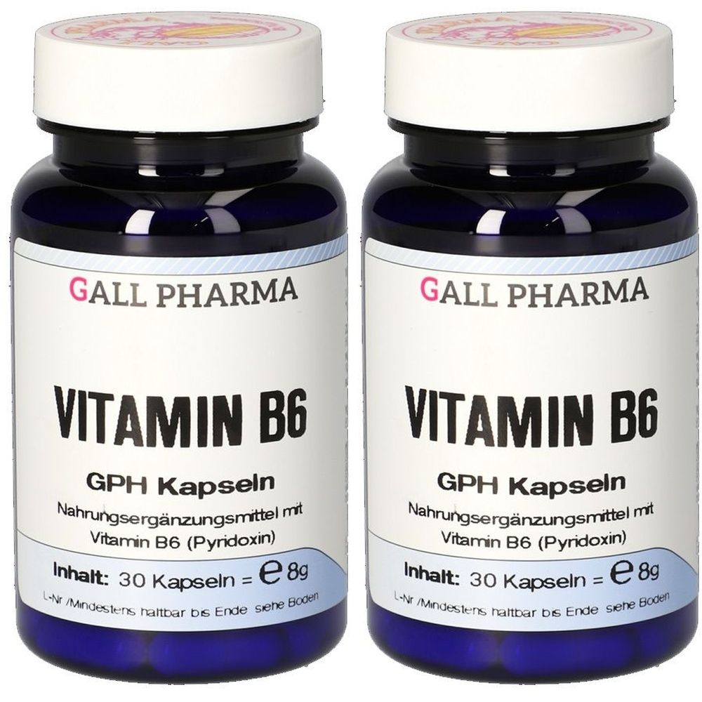 Zwei Flaschen Vitamin B6 GPH Kapseln. Blaue Flaschen mit weißen Etiketten. Aufschrift: GALL PHARMA, Vitamin B6, 30 Kapseln.