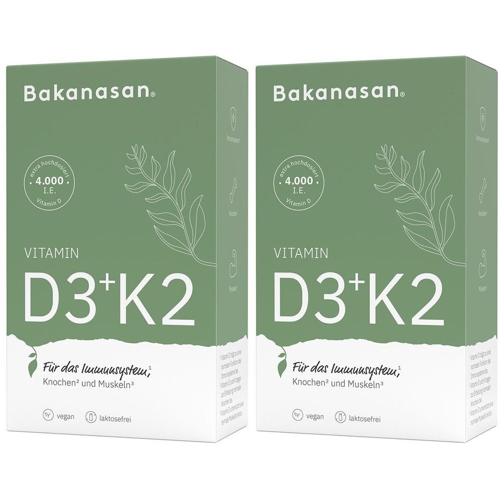 Zwei grüne Schachteln mit Bakanasan Vitamin D3+K2. Aufschrift: 4.000 I.E., Vitamin D3+K2, vegan, laktosefrei. Für Immunsystem, Knochen und Muskeln.
