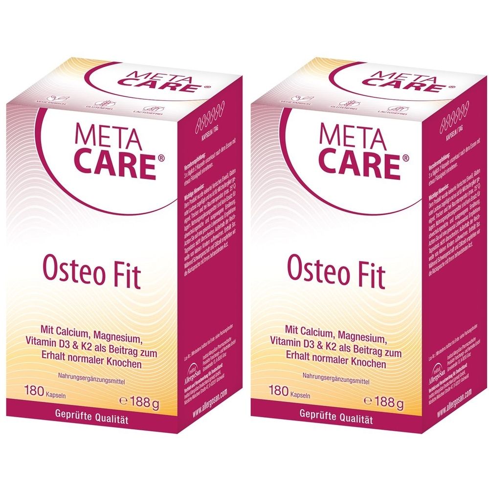 Zwei Packungen META CARE® Osteo Fit. Aufschrift: Mit Calcium, Magnesium, Vitamin D3 & K2 als Beitrag zum Erhalt normaler Knochen. 180 Kapseln, 188g.