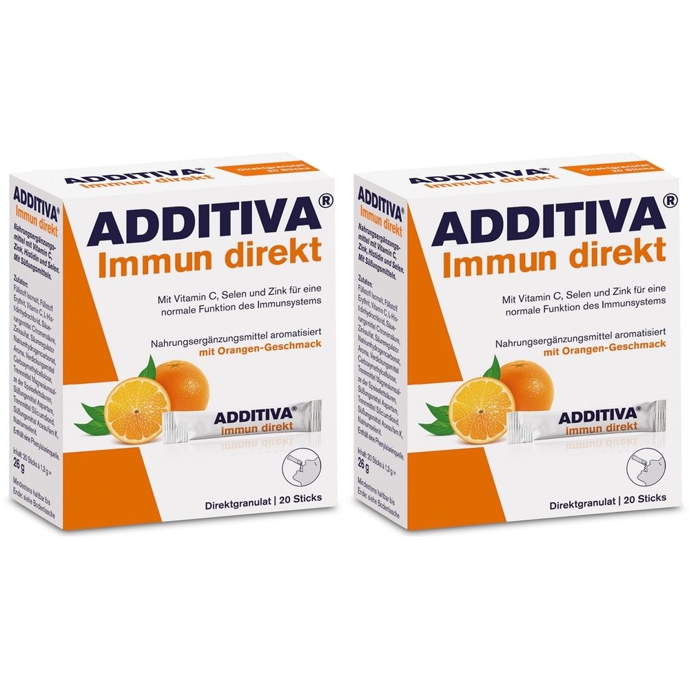 Zwei Packungen ADDITIVA Immun direkt. Weiße Schachteln mit orangefarbenen Akzenten und Produktinformationen. Abgebildet sind Orangen und ein Beutel.