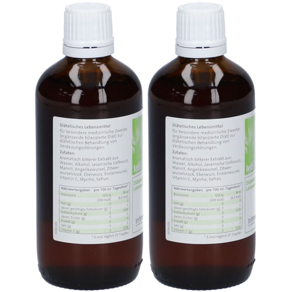 Zwei braune Glasflaschen mit weißen Deckeln. Etiketten mit Text. Aufschrift: Diätetisches Lebensmittel. Zutatenliste. Aufschrift: Vitamin C.