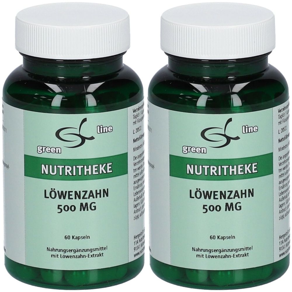 Zwei grüne Flaschen mit weißen Deckeln. Aufschrift: green line NUTRITHEKE LÖWENZAHN 500 MG, 60 Kapseln. Nahrungsergänzungsmittel.