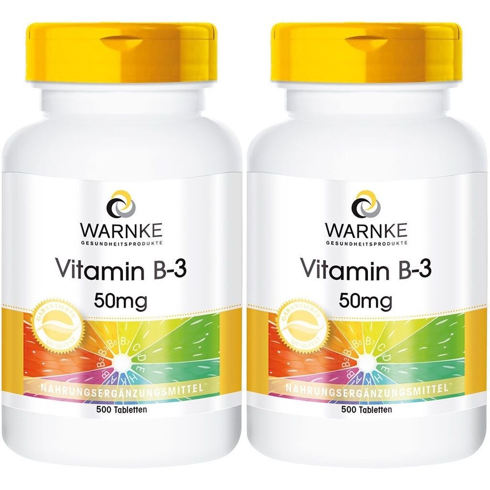 Zwei weiße Flaschen mit gelbem Deckel. Aufschrift: Warnke Vitamin B-3 50mg. Aufschrift: Nahrungsergänzungsmittel, 500 Tabletten.