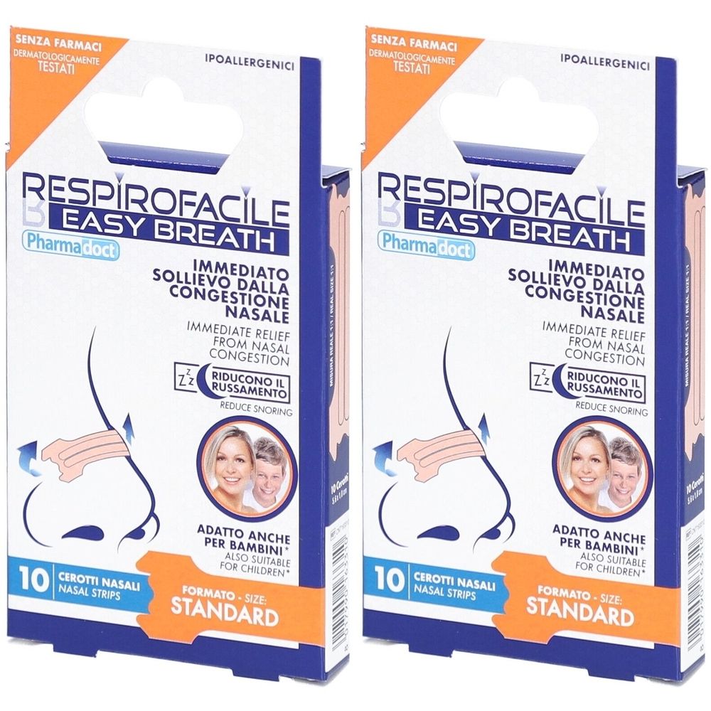 Zwei Packungen Nasenpflaster. Aufschrift: Respirofacile Easy Breath, Pharma doct. Sofortige Linderung bei verstopfter Nase. 10 Nasenstrips, Standardgröße.