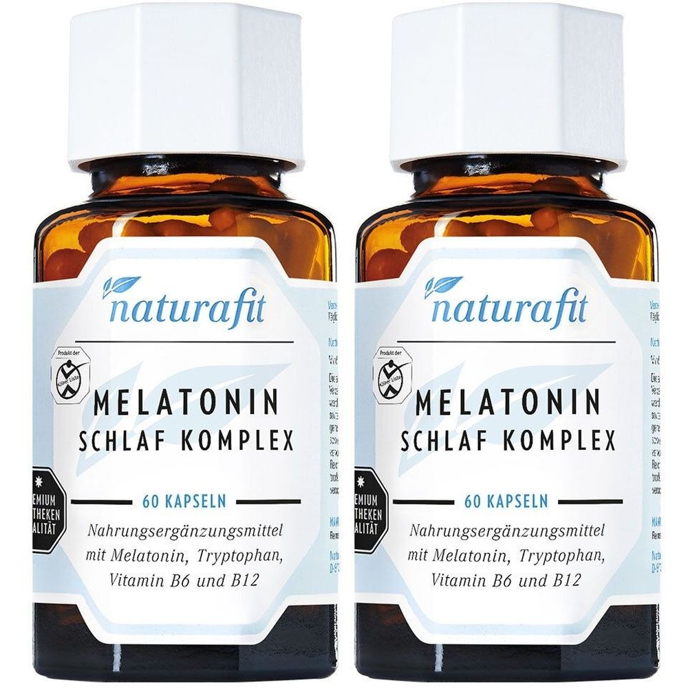 Zwei braune Glasflaschen mit weißem Deckel. Aufschrift: naturafit MELATONIN SCHLAF KOMPLEX, 60 Kapseln. Nahrungsergänzungsmittel.